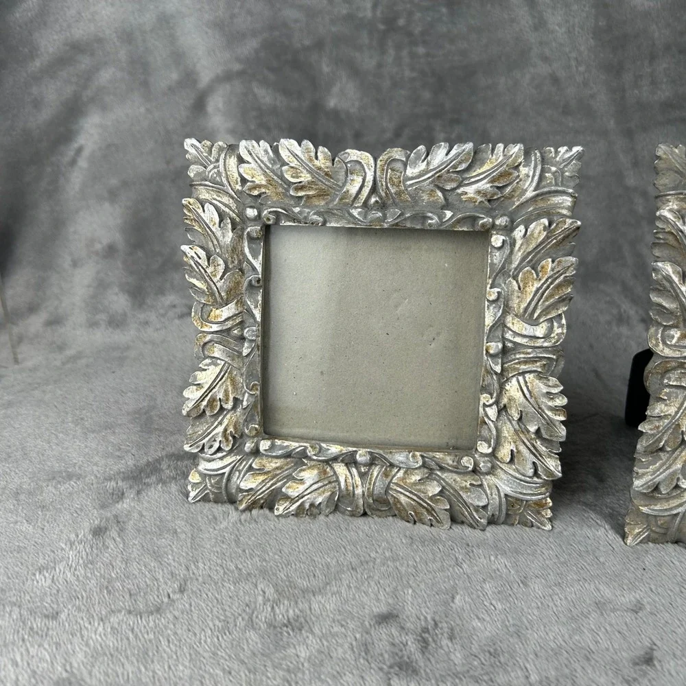 Set of 2 Ornate Silver Acanthus Leaf Square Picture Frames 5.5x5.5 Vintage Style